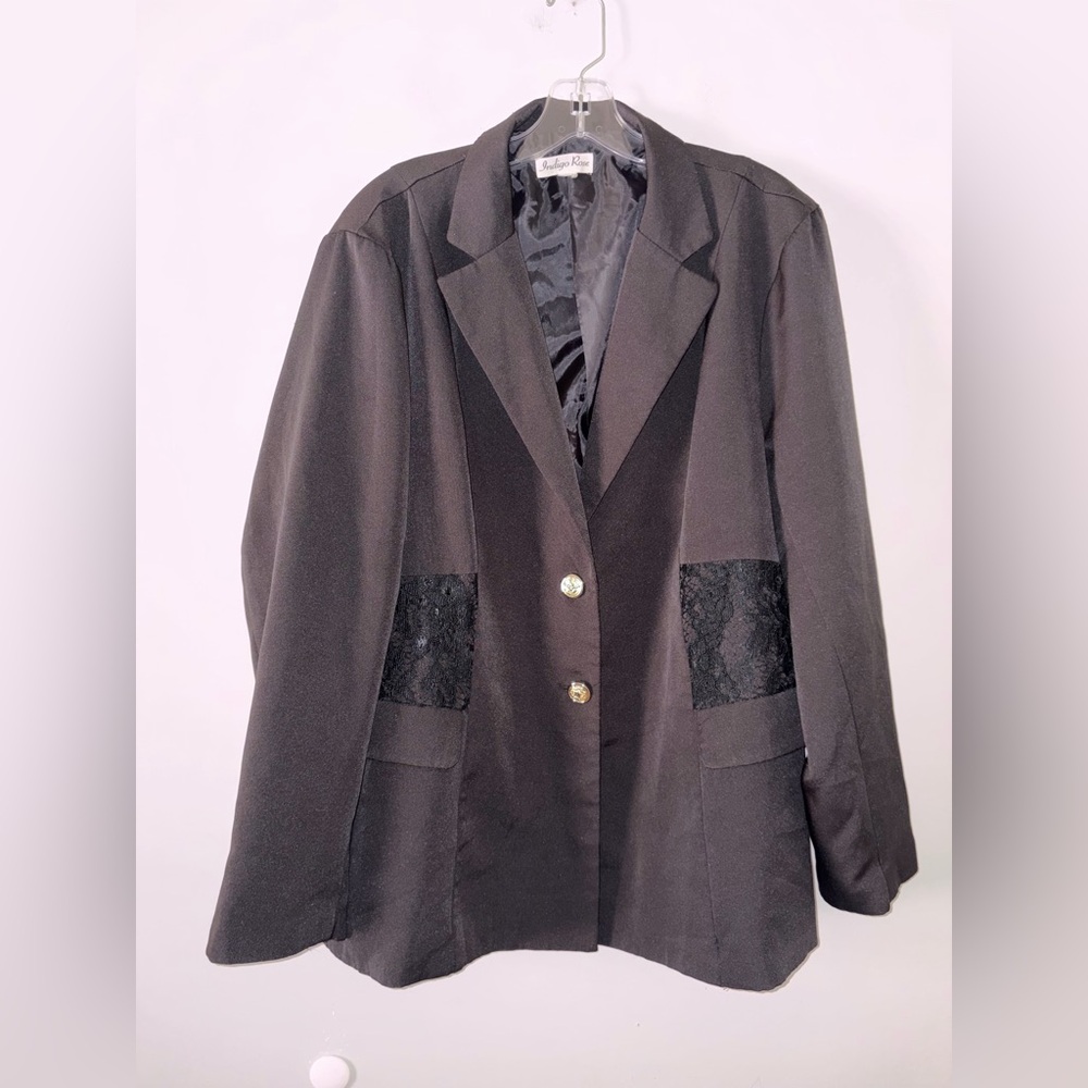 Indigo Rose Black Blazer Jacket Lace Accent Patches Office Career Dressy 2X?
